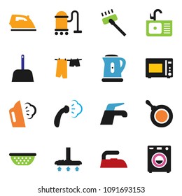 solid vector icon set - water tap vector, vacuum cleaner, scoop, iron, steaming, drying clothes, sink, pan, kettle, colander, microwave oven, washer