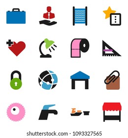 solid vector icon set - water tap vector, washboard, toilet paper, corner ruler, case, table lamp, client, port, warehouse, heart cross, ovule, connection, favorites, attachment, lock, market