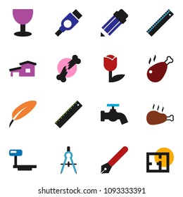 solid vector icon set - water tap vector, chicken leg, pen, pencil, ruler, drawing compass, glass, tulip, big scales, hdmi, broken bone, cottage, plan