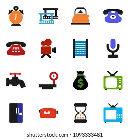 solid vector icon set - water tap vector, washboard, kettle, alarm clock, money bag, big scales, film frame, tv, video camera, microphone, classic phone, sand, fridge