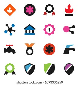 solid vector icon set - water tap vector, medal, university, protected, flammable, social media, ambulance star, shield