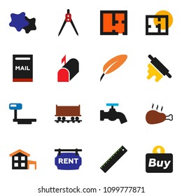 solid vector icon set - water tap vector, splotch, rolling pin, chicken leg, pen, ruler, drawing compass, Railway carriage, big scales, cottage, mailbox, plan, rent signboard, buy