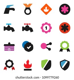 solid vector icon set - water tap vector, university, medal, protected, flammable, social media, ambulance star, shield