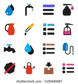 solid vector icon set - water drop vector, tap, splotch, liquid soap, apron, jug, package, dropper, counter, menu, supply