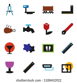 solid vector icon set - water tap vector, splotch, welcome mat, chicken leg, pen, corner ruler, drawing compass, Railway carriage, glass, tulip, big scales, hdmi, plan