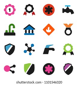 solid vector icon set - water tap vector, medal, university, protected, flammable, social media, ambulance star, shield