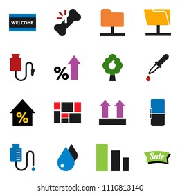 solid vector icon set - water drop vector, welcome mat, percent growth, consolidated cargo, top sign, sorting, dropper, broken bone, counter, network folder, fruit tree, fridge, sale