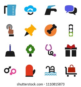 solid vector icon set - water tap vector, scoop, measuring cup, cook glove, paper pin, pool, bone, traffic light, touchscreen, dialog, gender sign, stethoscope, cloud exchange, fruit tree, gift