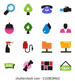 solid vector icon set - water drop vector, sprayer, consolidated cargo, classic phone, magnifier, broken bone, counter, network folder, lan connector, fruit tree, consumer, sale, open