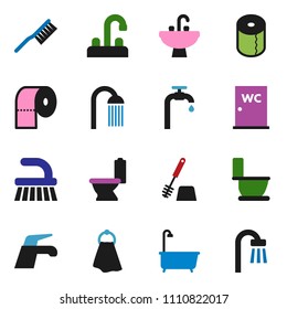 solid vector icon set - water tap vector, fetlock, towel, bath, toilet, brush, paper, shower, closet, sink, supply