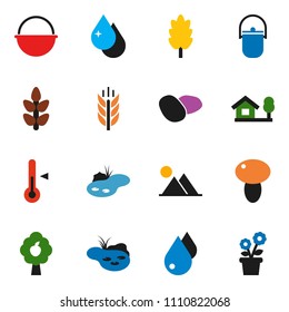 solid vector icon set - water drop vector, camping cauldron, thermometer, cereal, mushroom, potato, cereals, chalet, pond, fruit tree, mountain, flower in pot