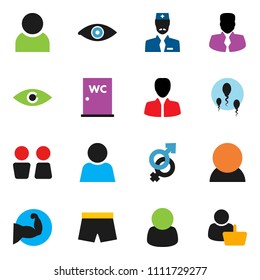 solid vector icon set - water closet vector, manager, muscle hand, shorts, eye, gender sign, sperm, doctor, user, consumer, customer