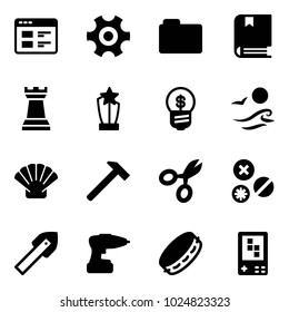 Solid vector icon set - website vector, gear, folder, book, chess tower, award, business idea, waves, shell, hammer, scissors, rivet, tile drill, tambourine, game console