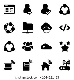 Solid vector icon set - website vector, user login, check, social, friends, network folder, refresh cloud, tag code, community, group, stars, notebook wi fi, server wireless, home, router