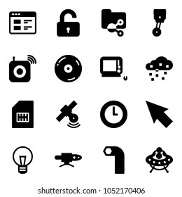 Solid vector icon set - website vector, unlocked, shared folder, piston, wireless speaker, cd, monoblock pc, snow, sim, satellite, clock, cursor, bulb, pipe welding, allen key, ufo toy
