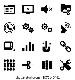 Solid vector icon set - website vector, monitor cursor, volume off, shared folder, phone horn, gears, gear, satellite antenna, monoblock pc, chart, casting of steel, link, circuit, rolling, carbon