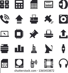 Solid vector icon set - weighing machine flat vector, satellite antenna, motherboard, SIM card, phone call, barcode, calculator, statistic, telephone, printer, copy, laptop, satellit, upload, camera