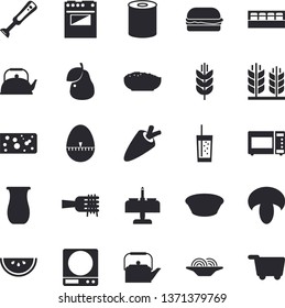 Solid vector icon set - weighing machine flat vector, teapot, kitchen egg timer, electric stove, microwave, blender, spice, jugful, carrot, cheese, canned food, watermelon, spaghetti on a fork, soup