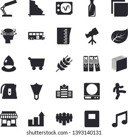 Solid vector icon set - weighing machine flat vector, meashuring cup, electric kettle, ear, tree leaf, drop, glass bottles, store front, grocery trolley, crisis, team, headache, sticker, folder
