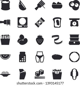 Solid vector icon set - weighing machine flat vector, double boiler, spaghetti, legumes, watermelon, on a fork, salad, porridge, garlic, French fries, fish rolls, scrambled eggs, Strawberry, hoop