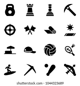 Solid vector icon set - weight vector, chess tower, queen, rock axe, target, flags cross, mat, inflatable pool, cap, volleyball, badminton, surfing, baseball bat, bow