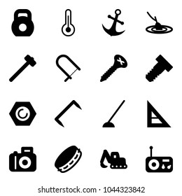 Solid vector icon set - weight vector, thermometer, anchor, fishing, sledgehammer, fretsaw, screw, bolt, nut, staple, hoe, corner ruler, camera, tambourine, excavator toy, radio