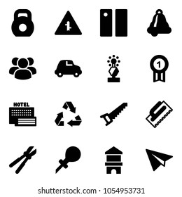 Solid vector icon set - weight vector, intersection road sign, pause, bell, group, car, award, gold medal, sea hotel, recycling, saw, trowel, bolt cutter, oiler, toy block house, paper plane