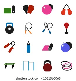 solid vector icon set - weight vector, jump rope, hand trainer, horizontal bar, punching bag, fitball, boxing glove, fitness mat, hoop