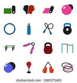 solid vector icon set - weight vector, jump rope, hand trainer, horizontal bar, punching bag, fitball, boxing glove, fitness mat, hoop