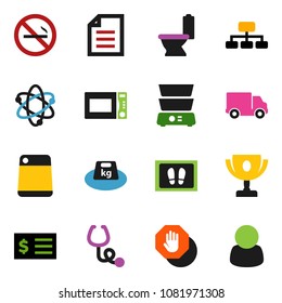 solid vector icon set - welcome mat vector, toilet, cutting board, microwave oven, double boiler, atom, award cup, document, receipt, hierarchy, no smoking, delivery, weight, stethoscope, stop