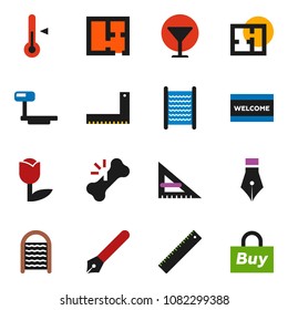 solid vector icon set - welcome mat vector, washboard, thermometer, pen, corner ruler, glass, tulip, big scales, broken bone, plan, buy