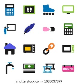 solid vector icon set - welcome mat vector, microwave oven, pen, blackboard, calculator, cash, roller Skates, film frame, monitor, link, home, connection, water supply, rooms signboard