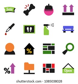 solid vector icon set - welcome mat vector, sprayer, percent growth, consolidated cargo, top sign, magnifier, dropper, broken bone, network folder, lan connector, bench, consumer, sale, open