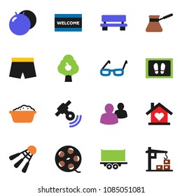 solid vector icon set - welcome mat vector, foam basin, turk coffee, glasses, fitball, shorts, shuttlecock, truck trailer, film spool, satellitie, group, bench, fruit tree, love home
