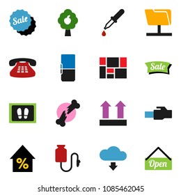 solid vector icon set - welcome mat vector, percent growth, consolidated cargo, top sign, classic phone, dropper, broken bone, drop counter, network folder, lan connector, cloud download, fruit tree