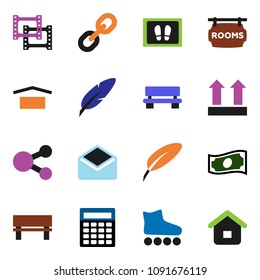 solid vector icon set - welcome mat vector, pen, cash, calculator, roller Skates, dry cargo, top sign, film frame, link, mail, share, bench, rooms signboard, home