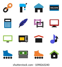 solid vector icon set - welcome mat vector, microwave oven, pen, calculator, music, cash, roller Skates, dry cargo, film frame, monitor, link, home, water supply