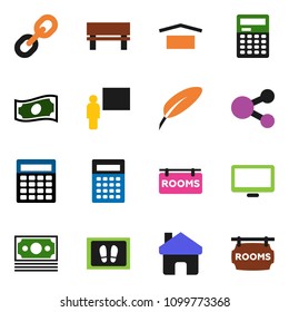 solid vector icon set - welcome mat vector, pen, blackboard, calculator, cash, money, dry cargo, monitor, link, share, home, bench, rooms signboard