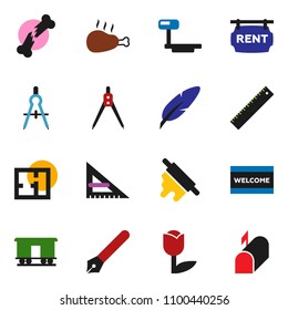 solid vector icon set - welcome mat vector, rolling pin, chicken leg, pen, corner ruler, drawing compass, tulip, big scales, Railway carriage, broken bone, plan, rent signboard, mailbox
