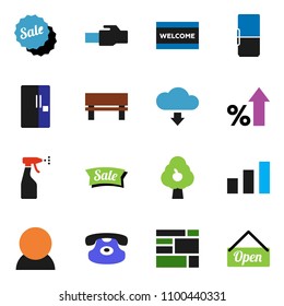 solid vector icon set - welcome mat vector, sprayer, percent growth, consolidated cargo, sorting, classic phone, lan connector, bench, cloud download, fruit tree, consumer, fridge, sale, open