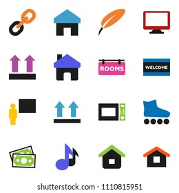 solid vector icon set - welcome mat vector, microwave oven, pen, blackboard, music, roller Skates, money, top sign, monitor, link, home, rooms signboard