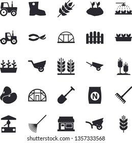 Solid vector icon set - wheelbarrow flat vector, ear, legumes, fertilizer vectory, well, grain warehouse, tractor, sprinkling machine, shovel, fence, secateurs, rake, planting plants, garden, spike