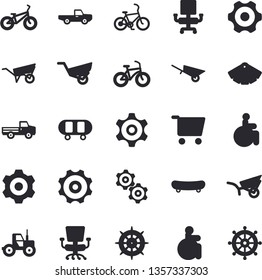 Solid vector icon set - wheelbarrow flat vector, cogwheel, color scheme, pickup truck, tractor, garden, grocery trolley, disabled, office chair, skateboard, bicycle, fector, steering wheel