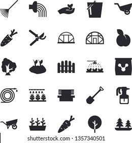 Solid vector icon set - wheelbarrow flat vector, plum, carrot, tree, pulverizer, sprinkling machine, shovel, hose, fence, secateurs, seedlings, rake, bucketful, planting plants, irrigation, garden