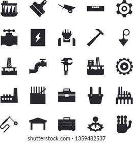 Solid vector icon set - wheelbarrow flat vector, tool bag, level meter, switch box, putty knife, construction plummet, hammer, oil production platform, main pipeline, hydroelectric power station