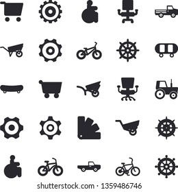 Solid vector icon set - wheelbarrow flat vector, cogwheel, color scheme, pickup truck, tractor, garden, grocery trolley, disabled, office chair, skateboard, bicycle, fector, steering wheel