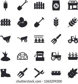 Solid vector icon set - wheelbarrow flat vector, ear, legumes, fertilizer vectory, well, grain warehouse, tractor, sprinkling machine, pitchfork, shovel, fence, secateurs, planting plants, garden