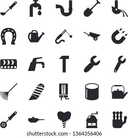 Solid vector icon set - wheelbarrow flat vector, pipes, stationery knife, hammer, boiler, faucet, frying pan, teapot, ladle, kitchen spoon, coffee grinder, horseshoe, shovel, rake, watering can