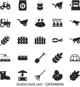 Solid vector icon set - wheelbarrow flat vector, ear, legumes, fertilizer vectory, well, tractor, sprinkling machine, shovel, fence, secateurs, rake, planting plants, garden, gumboots, seedlings