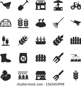 Solid vector icon set - wheelbarrow flat vector, ear, legumes, fertilizer vectory, well, grain warehouse, tractor, sprinkling machine, pitchfork, shovel, fence, rake, planting plants, garden, spike